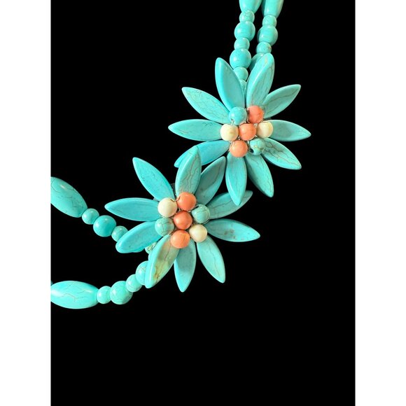 Authentic Turquoise Double Strand 2 Flower Statement Necklace Silver Tone Clasp - Picture 2 of 4